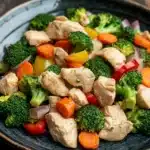 Chicken and vegetables freezer meal - the image is a close-up of a plate of stir-fry with chicken and vegetables. the plate is black and has a textured surface. the chicken is cut into small pieces and is mixed with various vegetables such as broccoli, carrots, bell peppers, and onions. the vegetables are bright green and look fresh and vibrant. the dish is served on a wooden table with a rustic background.