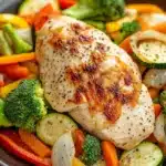 Chicken and vegetables freezer meal - the image shows a plate of food with a large piece of grilled chicken on top. the chicken is golden brown and appears to be seasoned with herbs and spices. it is surrounded by a bed of colorful vegetables, including broccoli, carrots, zucchini, and bell peppers. the vegetables are cut into small pieces and are arranged in a circular pattern around the chicken. the plate is brown and has a textured surface. the background is blurred, but it seems to be a wooden table.