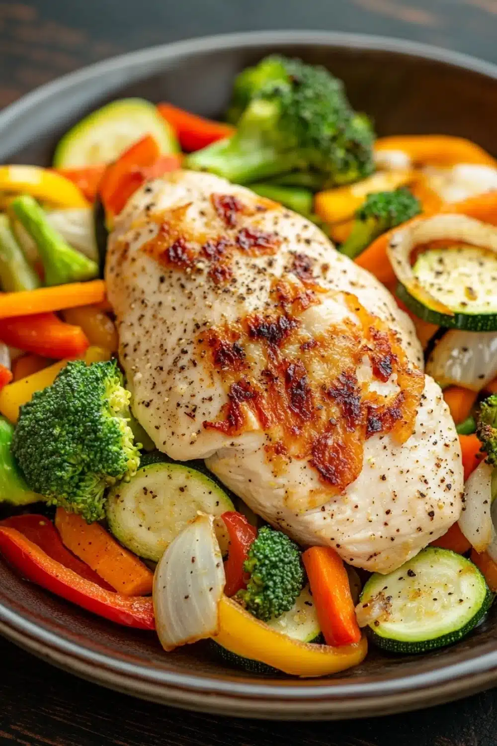 Chicken and vegetables freezer meal - the image shows a plate of food with a large piece of grilled chicken on top. the chicken is golden brown and appears to be seasoned with herbs and spices. it is surrounded by a bed of colorful vegetables, including broccoli, carrots, zucchini, and bell peppers. the vegetables are cut into small pieces and are arranged in a circular pattern around the chicken. the plate is brown and has a textured surface. the background is blurred, but it seems to be a wooden table.