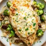 Chicken breast bake - the image shows a plate of food with a piece of cooked chicken on top. the chicken is golden brown and appears to be seasoned with herbs and spices. the dish is garnished with chopped parsley and sliced mushrooms. the plate is white and round, and the food is arranged in an appetizing manner. the background is a light beige color, and there are a few sprigs of parsley scattered around the plate.