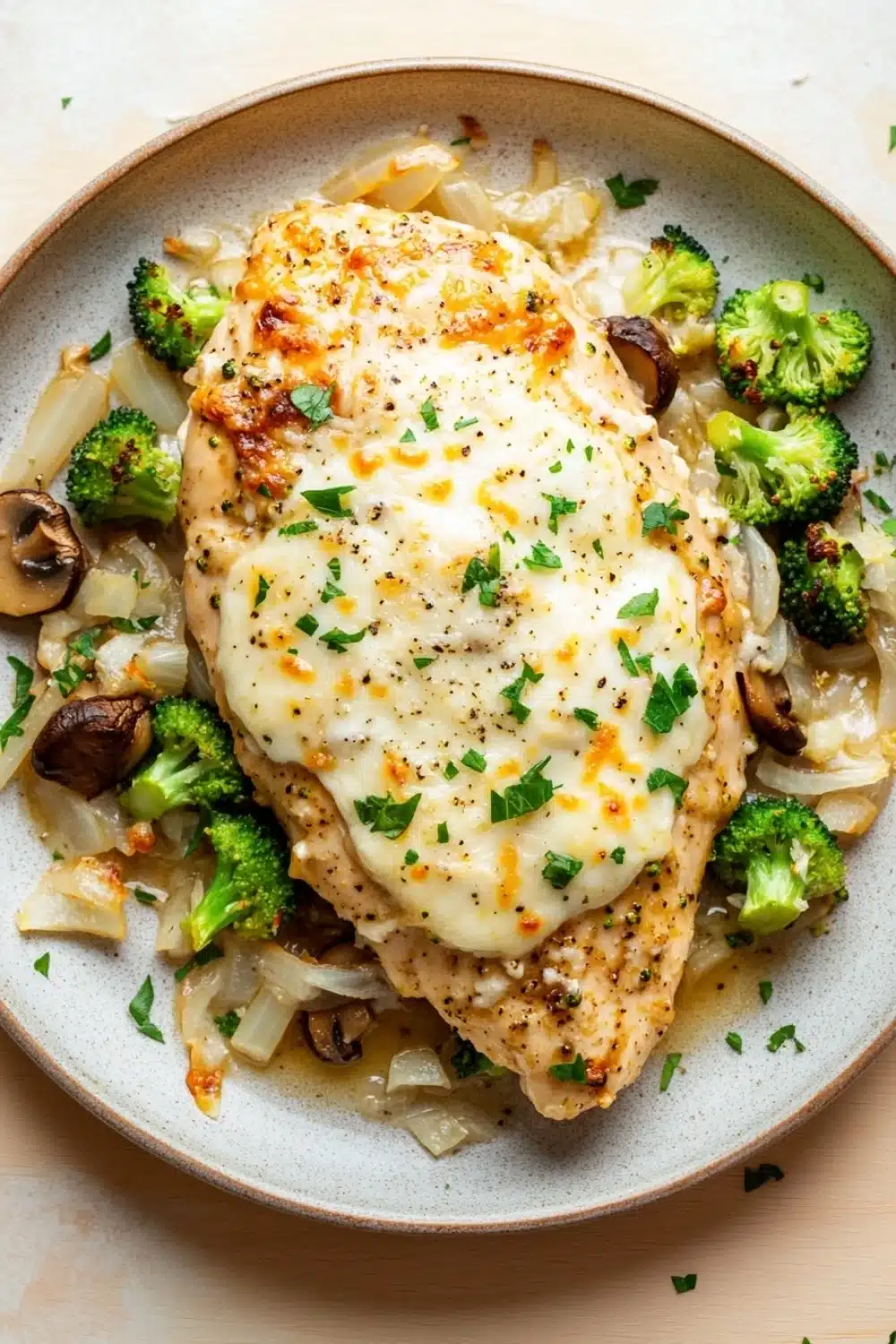 Chicken breast bake - the image shows a plate of food with a piece of cooked chicken on top. the chicken is golden brown and appears to be seasoned with herbs and spices. the dish is garnished with chopped parsley and sliced mushrooms. the plate is white and round, and the food is arranged in an appetizing manner. the background is a light beige color, and there are a few sprigs of parsley scattered around the plate.