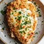 Chicken breast bake - the image shows a plate of food, specifically a piece of breaded chicken. the chicken is golden brown and appears to be seasoned with herbs and spices. the top of the chicken is covered in a layer of melted cheese, which is melted and bubbly. the plate is garnished with chopped parsley, adding a pop of green color to the dish. the background is a white marble countertop with a gray napkin on the side.