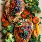 Chicken breast dinner - the image shows two pieces of grilled chicken breasts on a wooden cutting board. the chicken breasts are golden brown and appear to be seasoned with herbs and spices. on top of the chicken breasts, there are several pieces of broccoli, carrots, and bell peppers. the vegetables are arranged in a colorful and appetizing manner, with some overlapping each other. the cutting board is garnished with fresh parsley, adding a pop of green color to the dish.