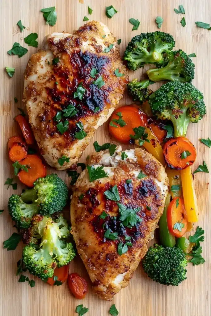 Chicken breast dinner - the image shows two pieces of grilled chicken breasts on a wooden cutting board. the chicken breasts are golden brown and appear to be seasoned with herbs and spices. on top of the chicken breasts, there are several pieces of broccoli, carrots, and bell peppers. the vegetables are arranged in a colorful and appetizing manner, with some overlapping each other. the cutting board is garnished with fresh parsley, adding a pop of green color to the dish.