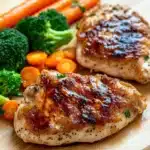 Chicken breast dinner - the image shows two pieces of cooked pork chops on a wooden cutting board. the pork chops are golden brown and appear to be seasoned with herbs and spices. on the left side of the cutting board, there are two carrots and a bunch of broccoli. the carrots are bright orange and the broccoli is bright green. the cutting board is placed on a light-colored tablecloth.