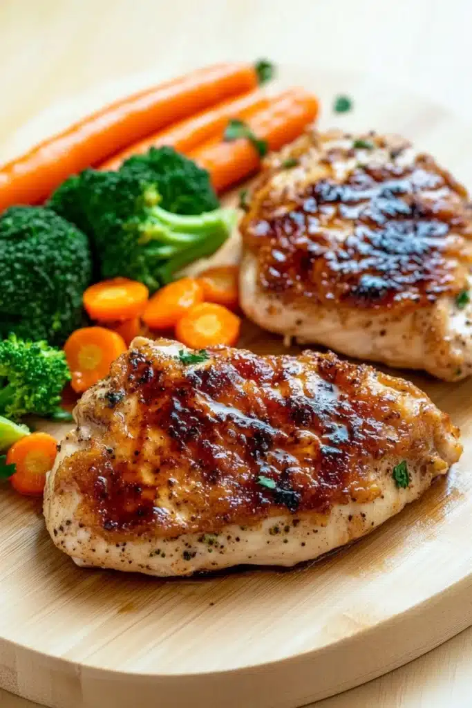 Chicken breast dinner - the image shows two pieces of cooked pork chops on a wooden cutting board. the pork chops are golden brown and appear to be seasoned with herbs and spices. on the left side of the cutting board, there are two carrots and a bunch of broccoli. the carrots are bright orange and the broccoli is bright green. the cutting board is placed on a light-colored tablecloth.