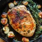 Chicken breast in cast iron skillet - the image shows a black cast iron skillet with a cooked chicken breast in it. the chicken breast is golden brown and appears to be seasoned with herbs and spices. on top of the chicken breast, there are small pieces of garlic cloves and a sprig of rosemary. the skillet is sitting on a wooden countertop. the overall presentation of the dish is elegant and appetizing.