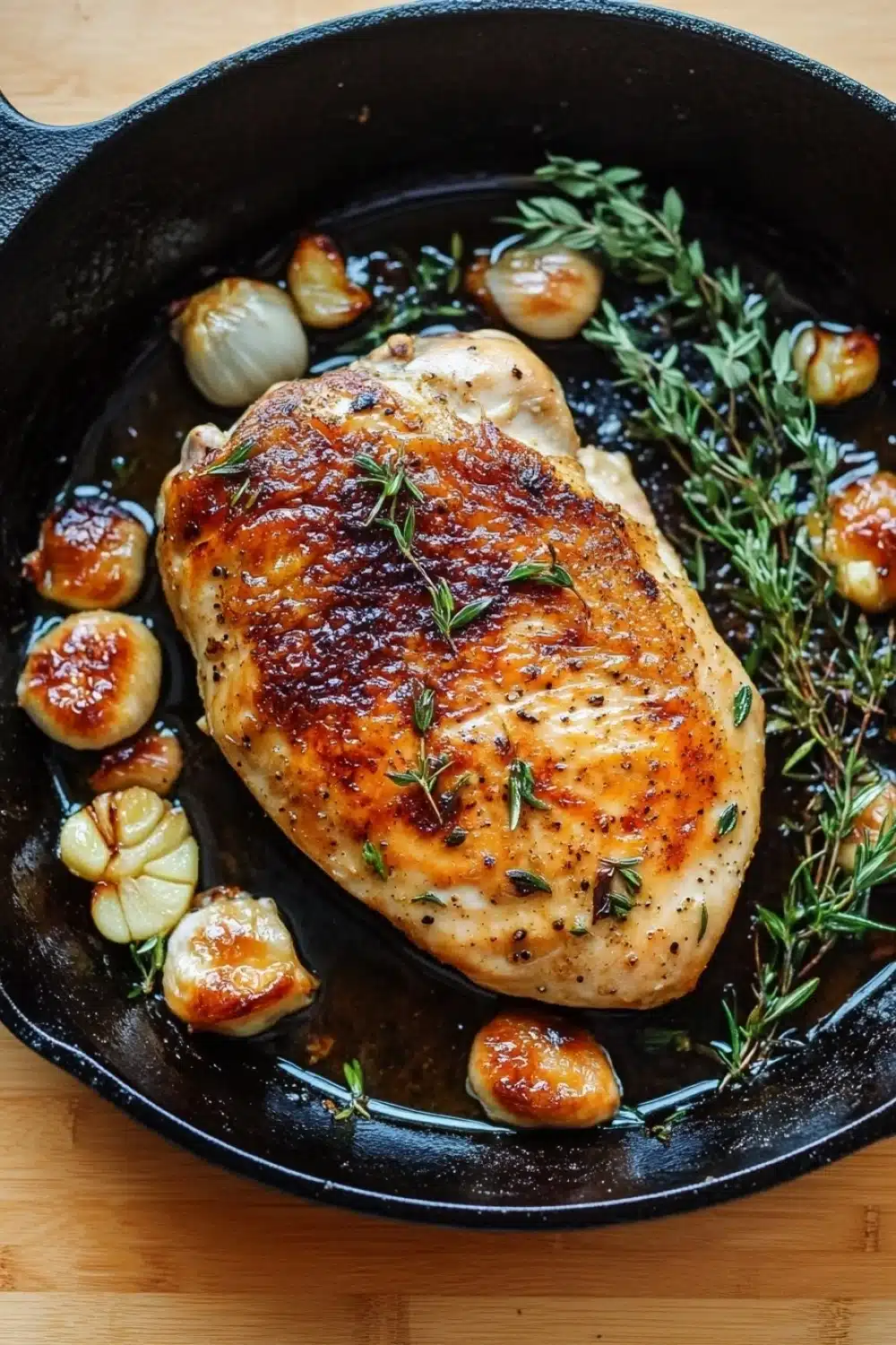 Chicken breast in cast iron skillet - the image shows a black cast iron skillet with a cooked chicken breast in it. the chicken breast is golden brown and appears to be seasoned with herbs and spices. on top of the chicken breast, there are small pieces of garlic cloves and a sprig of rosemary. the skillet is sitting on a wooden countertop. the overall presentation of the dish is elegant and appetizing.