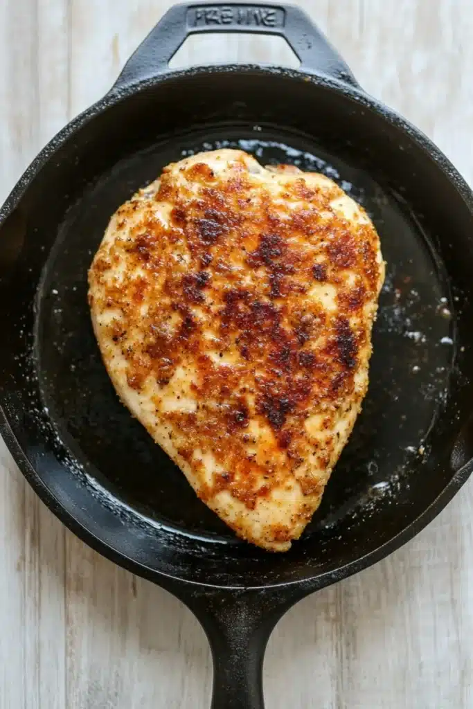 Chicken breast in cast iron skillet - the image shows a piece of cooked chicken in a black cast iron skillet. the chicken appears to be seasoned with herbs and spices, giving it a golden brown color. the skillet is sitting on a white wooden surface, and the chicken is glistening with oil. the word "premium" is visible on the side of the skillet.