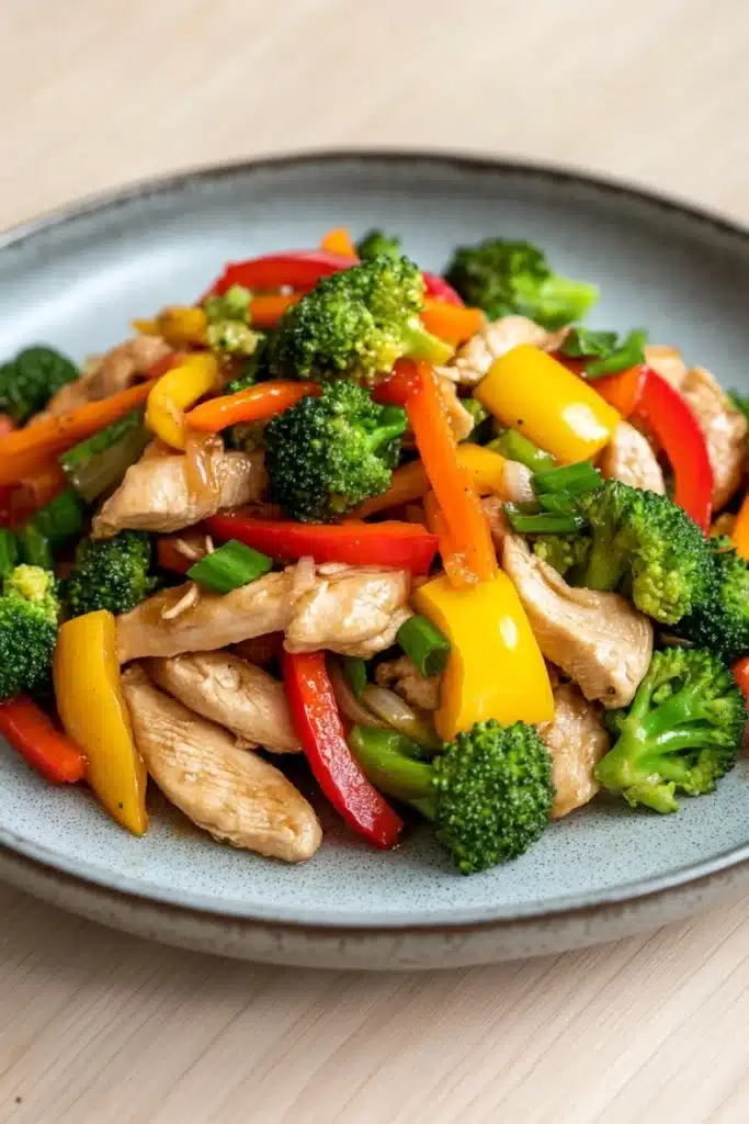 Chicken breast stir fry - the image is a close-up of a plate of stir-fry with chicken and vegetables. the plate is blue and round, and the vegetables are arranged in a colorful and appetizing manner. the chicken is cut into small pieces and appears to be seasoned with herbs and spices. the vegetables include broccoli, red and yellow bell peppers, and green onions. the dish is garnished with a sprinkle of sesame seeds. the background is a wooden table, and there is a watermark in the bottom right corner of the image.