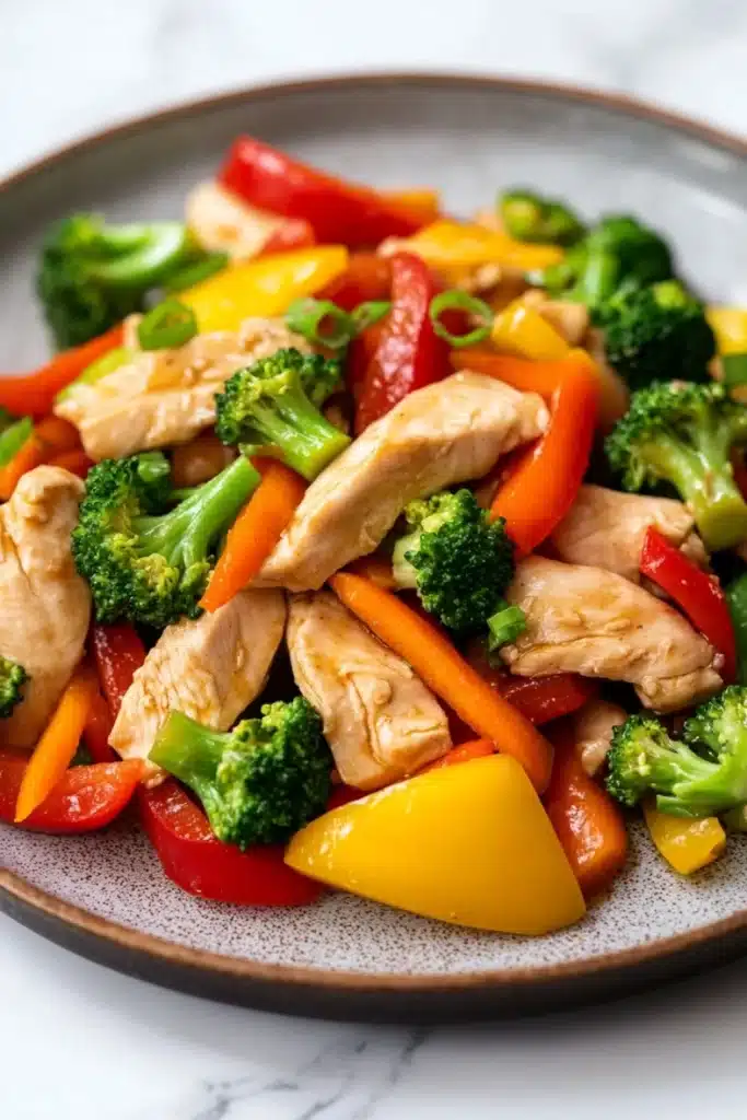 Chicken breast stir fry - the image is a close-up of a plate of stir-fry with chicken and vegetables. the plate is round and has a light brown color with a speckled pattern. the chicken is cut into small pieces and is mixed with various vegetables such as broccoli, red and yellow bell peppers, and orange carrots. the vegetables are cut into thin strips and are arranged in a colorful and appetizing manner. the dish appears to be freshly cooked and ready to eat.