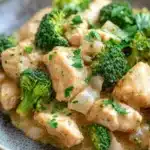 Chicken broccoli casserole whole 30 - the image shows a plate of food with a dish of chicken and broccoli. the dish appears to be a type of stir-fry, with chunks of chicken, broccoli, and onions mixed in with a creamy sauce. the chicken is cooked to a golden brown color and is garnished with chopped parsley. the broccoli is bright green and looks fresh and vibrant. the sauce is a light beige color and looks thick and creamy. the plate is sitting on a wooden table, and the background is blurred.