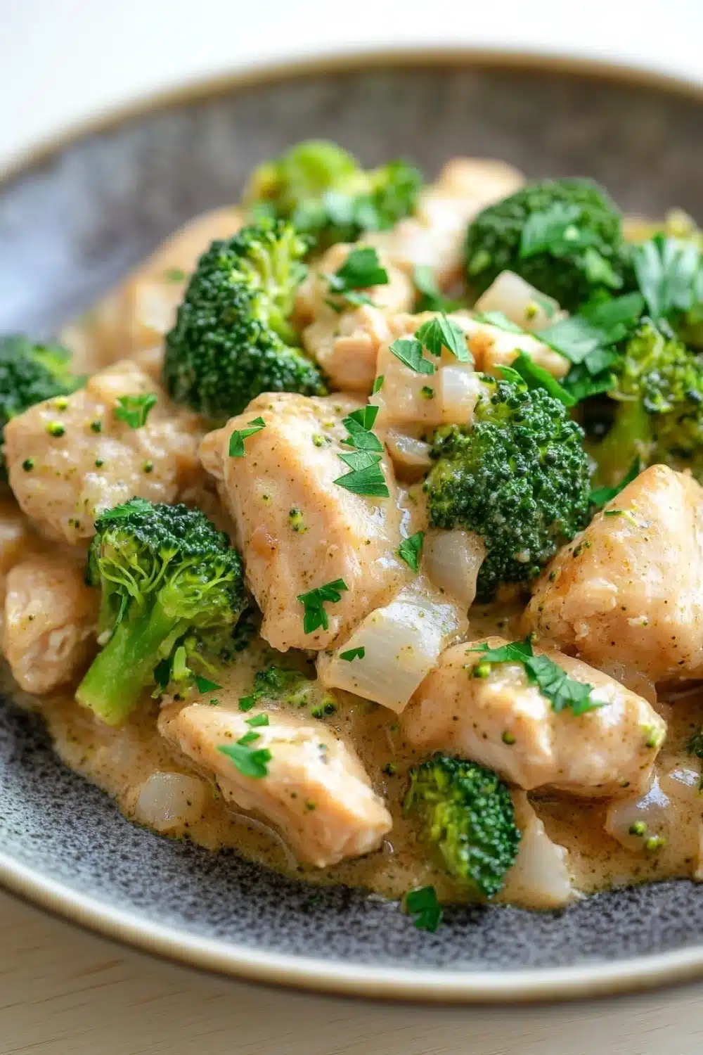 Chicken broccoli casserole whole 30 - the image shows a plate of food with a dish of chicken and broccoli. the dish appears to be a type of stir-fry, with chunks of chicken, broccoli, and onions mixed in with a creamy sauce. the chicken is cooked to a golden brown color and is garnished with chopped parsley. the broccoli is bright green and looks fresh and vibrant. the sauce is a light beige color and looks thick and creamy. the plate is sitting on a wooden table, and the background is blurred.