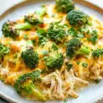 Chicken broccoli casserole whole 30 - the image is a close-up of a plate of food. the plate is white with a blue rim and is placed on a wooden table. the food appears to be a casserole dish with chunks of chicken and broccoli mixed in with a creamy sauce. the sauce is a light yellow color and is drizzled over the top of the dish. there are also some chopped parsley scattered throughout the dish, adding a pop of green color to the plate. in the background, there are a few sprigs of parsley on the table, suggesting that the dish is ready to be served.