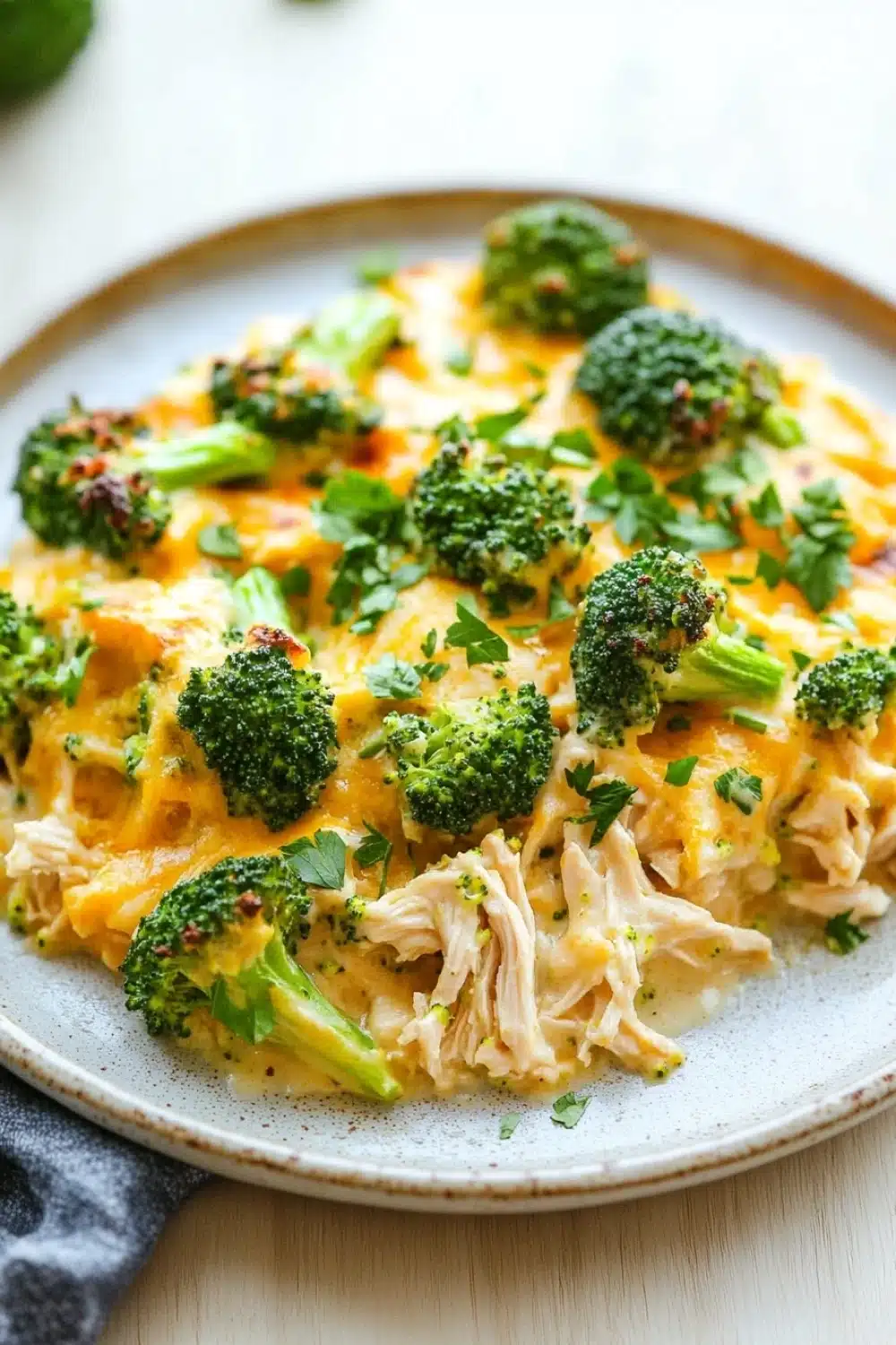 Chicken broccoli casserole whole 30 - the image is a close-up of a plate of food. the plate is white with a blue rim and is placed on a wooden table. the food appears to be a casserole dish with chunks of chicken and broccoli mixed in with a creamy sauce. the sauce is a light yellow color and is drizzled over the top of the dish. there are also some chopped parsley scattered throughout the dish, adding a pop of green color to the plate. in the background, there are a few sprigs of parsley on the table, suggesting that the dish is ready to be served.