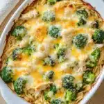 Chicken broccoli casserole with orzo - the image shows a white rectangular baking dish filled with a casserole dish. the dish appears to be made with pasta and broccoli, and it is topped with a layer of melted cheese. the cheese is golden brown and bubbly, and there are small pieces of broccoli scattered throughout the dish. there is a white cloth napkin on the side of the dish, suggesting that the dish is ready to be served.