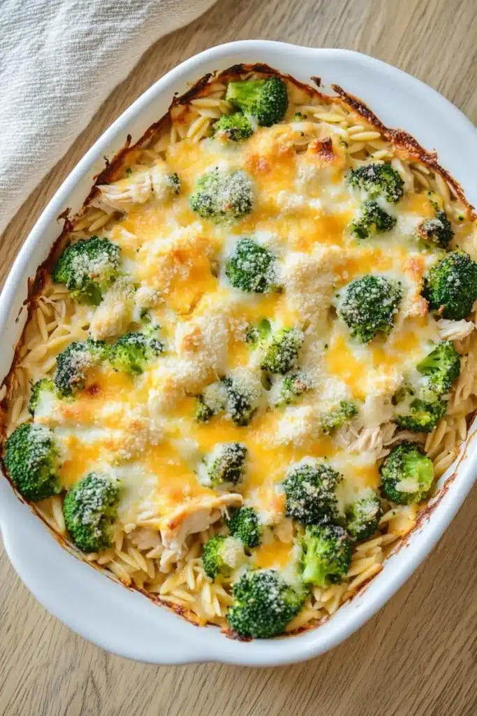 Chicken broccoli casserole with orzo - the image shows a white rectangular baking dish filled with a casserole dish. the dish appears to be made with pasta and broccoli, and it is topped with a layer of melted cheese. the cheese is golden brown and bubbly, and there are small pieces of broccoli scattered throughout the dish. there is a white cloth napkin on the side of the dish, suggesting that the dish is ready to be served.
