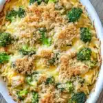 Chicken broccoli casserole with orzo - the image is of a casserole dish filled with a creamy, yellow-colored dish. the dish appears to be a macaroni and cheese casserolle, with chunks of broccoli scattered throughout. the top of the dish is covered in a layer of breadcrumbs, giving it a crunchy texture. the broccoli is bright green and looks fresh and healthy. the pasta is long and thin, and the dish looks like it is ready to be served. the background is a wooden table, and there is a watermark in the bottom right corner of the image.