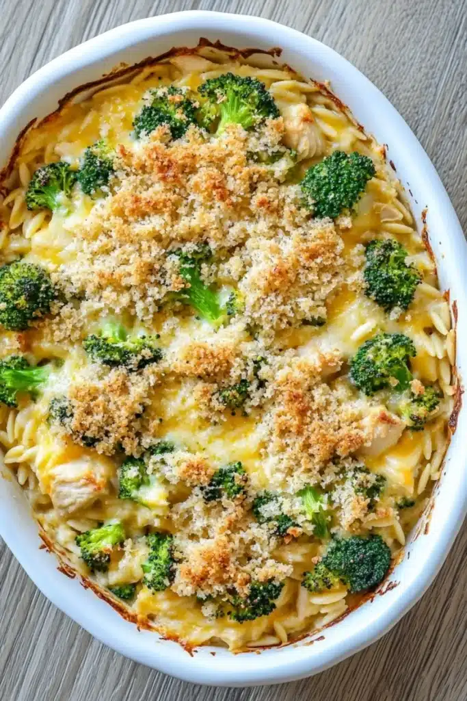 Chicken broccoli casserole with orzo - the image is of a casserole dish filled with a creamy, yellow-colored dish. the dish appears to be a macaroni and cheese casserolle, with chunks of broccoli scattered throughout. the top of the dish is covered in a layer of breadcrumbs, giving it a crunchy texture. the broccoli is bright green and looks fresh and healthy. the pasta is long and thin, and the dish looks like it is ready to be served. the background is a wooden table, and there is a watermark in the bottom right corner of the image.