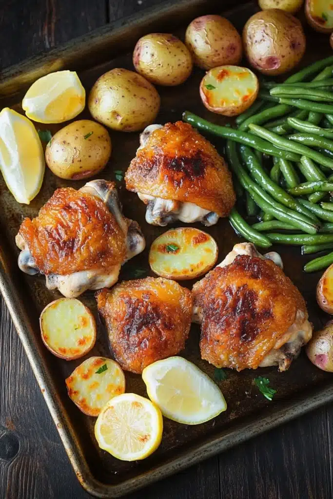 Chicken dinner sheet pan - the image shows a tray of roasted chicken and green beans. the chicken is golden brown and appears to be seasoned with herbs and spices. the green beans are bright green and look fresh and vibrant. there are also small potatoes scattered around the tray. a few lemon wedges are placed on top of the chicken, adding a pop of color to the dish. the tray is lined with parchment paper and is placed on a wooden table.