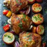 Chicken dinner sheet pan - the image shows two roasted chicken drumsticks on a black slate plate. the drumsticks are golden brown and appear to be seasoned with herbs and spices. they are surrounded by sliced red and yellow bell peppers, red onions, and red potatoes. the plate is garnished with a sprig of parsley. the background is dark, making the colors of the dish stand out.