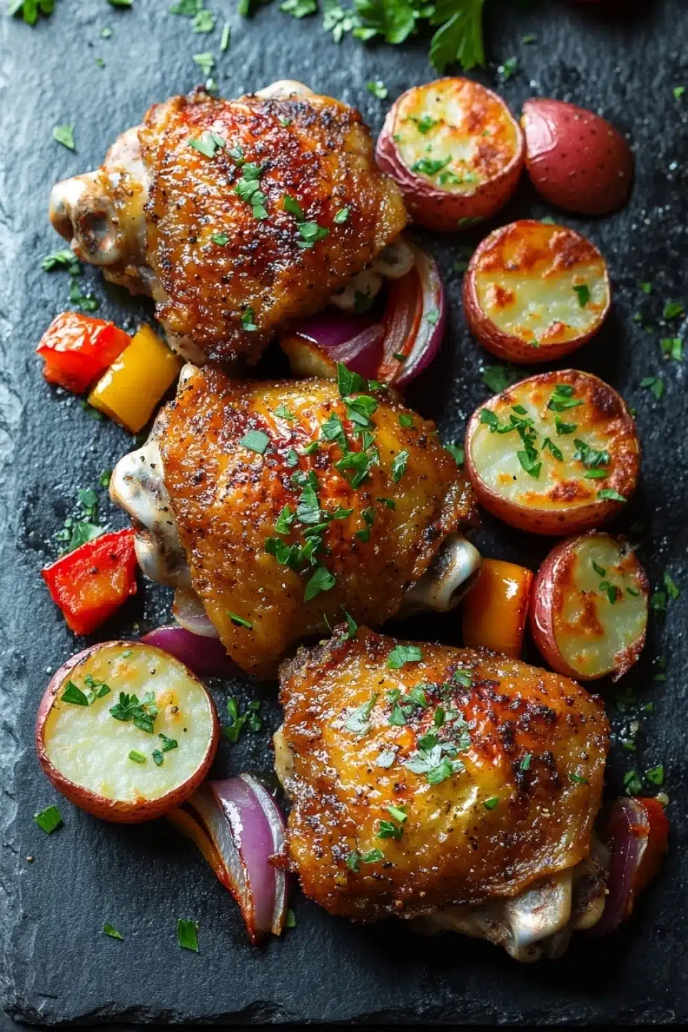 Chicken dinner sheet pan - the image shows two roasted chicken drumsticks on a black slate plate. the drumsticks are golden brown and appear to be seasoned with herbs and spices. they are surrounded by sliced red and yellow bell peppers, red onions, and red potatoes. the plate is garnished with a sprig of parsley. the background is dark, making the colors of the dish stand out.