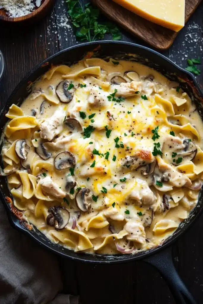 Chicken noodle casserole skillet - the image shows a black cast iron skillet filled with a creamy pasta dish. the dish appears to be a type of fettuccine alfredo, with chunks of chicken and mushrooms mixed in. the pasta is cooked al dente and is topped with melted cheese and chopped parsley. the skillet is sitting on a wooden table with a wooden cutting board and a glass of water in the background. there is also a small bowl of grated cheese on the table. the overall color scheme of the image is warm and inviting.