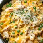 Chicken noodle casserole skillet - the image shows a black skillet filled with a creamy pasta dish. the pasta appears to be fettuccine alfredo, with chunks of chicken and peas mixed in. the dish is topped with a layer of melted cheese and sprinkled with grated parmesan cheese. the skillet is sitting on a white marble countertop.
