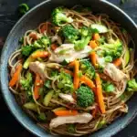 Chicken noodles low calorie - the image is a close-up of a bowl of noodles with chicken and vegetables. the bowl is made of dark blue ceramic and is placed on a dark wooden table. the noodles are light brown and appear to be stir-fried with chicken, broccoli, carrots, and zucchini. the vegetables are bright green and look fresh and vibrant. there are also some chopped green onions scattered throughout the dish. the overall appearance of the dish is fresh and appetizing.