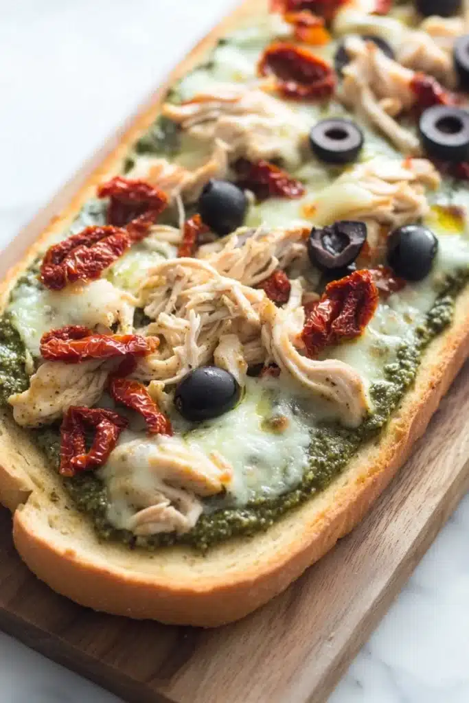 Chicken pesto french bread pizza - the image is of a flatbread pizza on a wooden cutting board. the pizza is topped with shredded chicken, black olives, and sun-dried tomatoes. the chicken is cooked to a golden brown and appears to be seasoned with herbs and spices. the olives are scattered on top of the chicken, adding a pop of color to the dish. the cheese is melted and bubbly, and the tomatoes are bright red. the cutting board is placed on a white marble countertop.