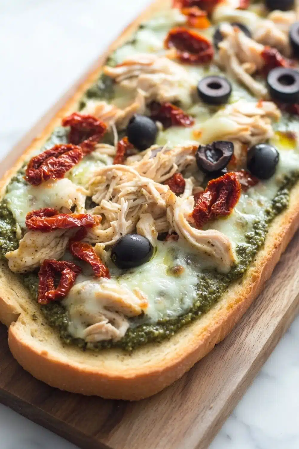 Chicken pesto french bread pizza - the image is of a flatbread pizza on a wooden cutting board. the pizza is topped with shredded chicken, black olives, and sun-dried tomatoes. the chicken is cooked to a golden brown and appears to be seasoned with herbs and spices. the olives are scattered on top of the chicken, adding a pop of color to the dish. the cheese is melted and bubbly, and the tomatoes are bright red. the cutting board is placed on a white marble countertop.
