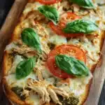 Chicken pesto french bread pizza - the image is of a freshly baked pizza on a wooden cutting board. the pizza has a golden brown crust and is topped with melted cheese, sliced tomatoes, and fresh basil leaves. the cheese is melted and bubbly, and there are chunks of chicken scattered throughout the pizza. the tomatoes are bright red and appear to be ripe and juicy. the basil leaves are a vibrant green color and are scattered around the pizza, adding a pop of color to the dish. the background is dark, making the pizza stand out even more.