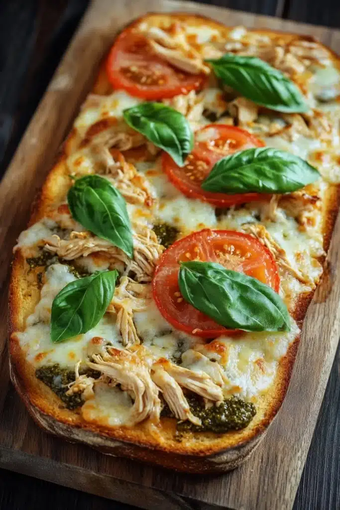 Chicken pesto french bread pizza - the image is of a freshly baked pizza on a wooden cutting board. the pizza has a golden brown crust and is topped with melted cheese, sliced tomatoes, and fresh basil leaves. the cheese is melted and bubbly, and there are chunks of chicken scattered throughout the pizza. the tomatoes are bright red and appear to be ripe and juicy. the basil leaves are a vibrant green color and are scattered around the pizza, adding a pop of color to the dish. the background is dark, making the pizza stand out even more.