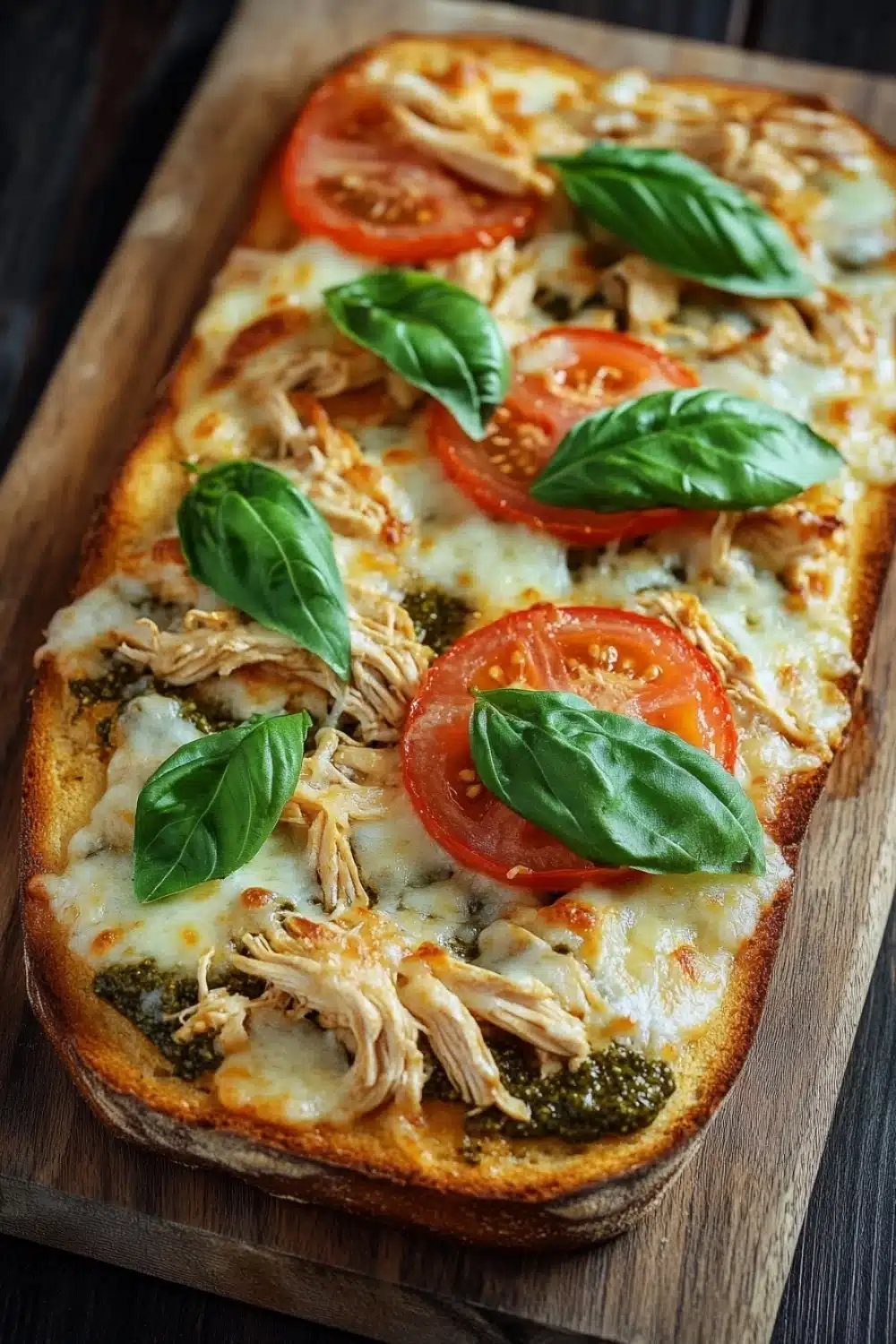 Chicken pesto french bread pizza - the image is of a freshly baked pizza on a wooden cutting board. the pizza has a golden brown crust and is topped with melted cheese, sliced tomatoes, and fresh basil leaves. the cheese is melted and bubbly, and there are chunks of chicken scattered throughout the pizza. the tomatoes are bright red and appear to be ripe and juicy. the basil leaves are a vibrant green color and are scattered around the pizza, adding a pop of color to the dish. the background is dark, making the pizza stand out even more.