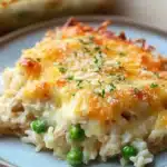 Chicken rice casserole cheese - the image shows a close-up of a dish on a blue plate. the dish appears to be a casserole or macaroni and cheese, with a layer of melted cheese on top. the cheese is golden brown and bubbly, and there are small chunks of green peas scattered throughout the dish. the plate is sitting on a wooden table, and in the background, there is another dish with more of the same dish visible.