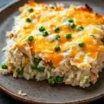 Chicken rice casserole cheese - the image shows a plate of food, specifically a casserole dish. the dish is made with a layer of white rice, topped with chunks of chicken and green peas. the chicken is cooked to a golden brown color and appears to be seasoned with herbs and spices. the rice is fluffy and white, and the peas are bright green. the plate is brown and has a textured surface. the background is a dark grey countertop.