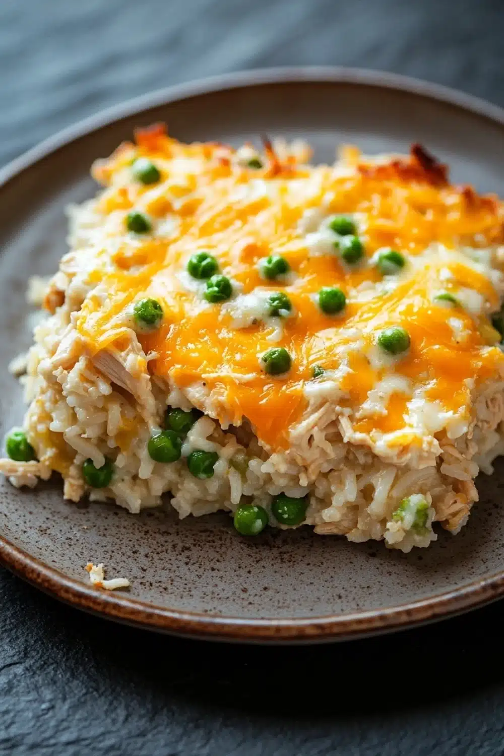 Chicken rice casserole cheese - the image shows a plate of food, specifically a casserole dish. the dish is made with a layer of white rice, topped with chunks of chicken and green peas. the chicken is cooked to a golden brown color and appears to be seasoned with herbs and spices. the rice is fluffy and white, and the peas are bright green. the plate is brown and has a textured surface. the background is a dark grey countertop.