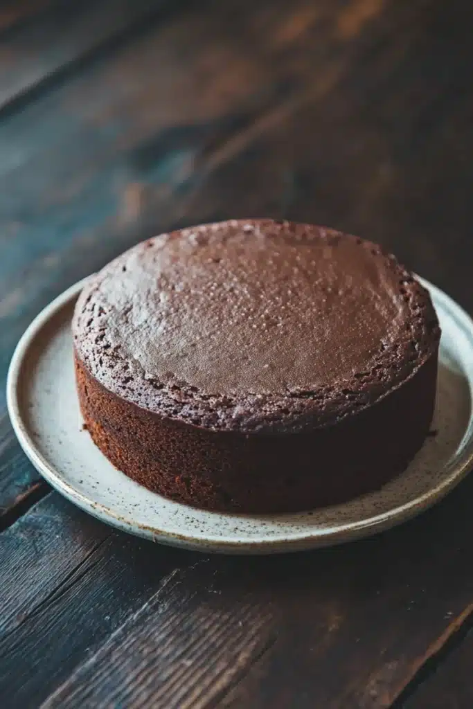 Chocolate cake no icing - the image is a close-up of a round chocolate cake on a white plate. the cake appears to be freshly baked and has a smooth, shiny surface. the plate is placed on a wooden table with a rustic, weathered look. the background is blurred, making the cake the focal point of the image. the focus is on the cake, which is the only object in the frame.