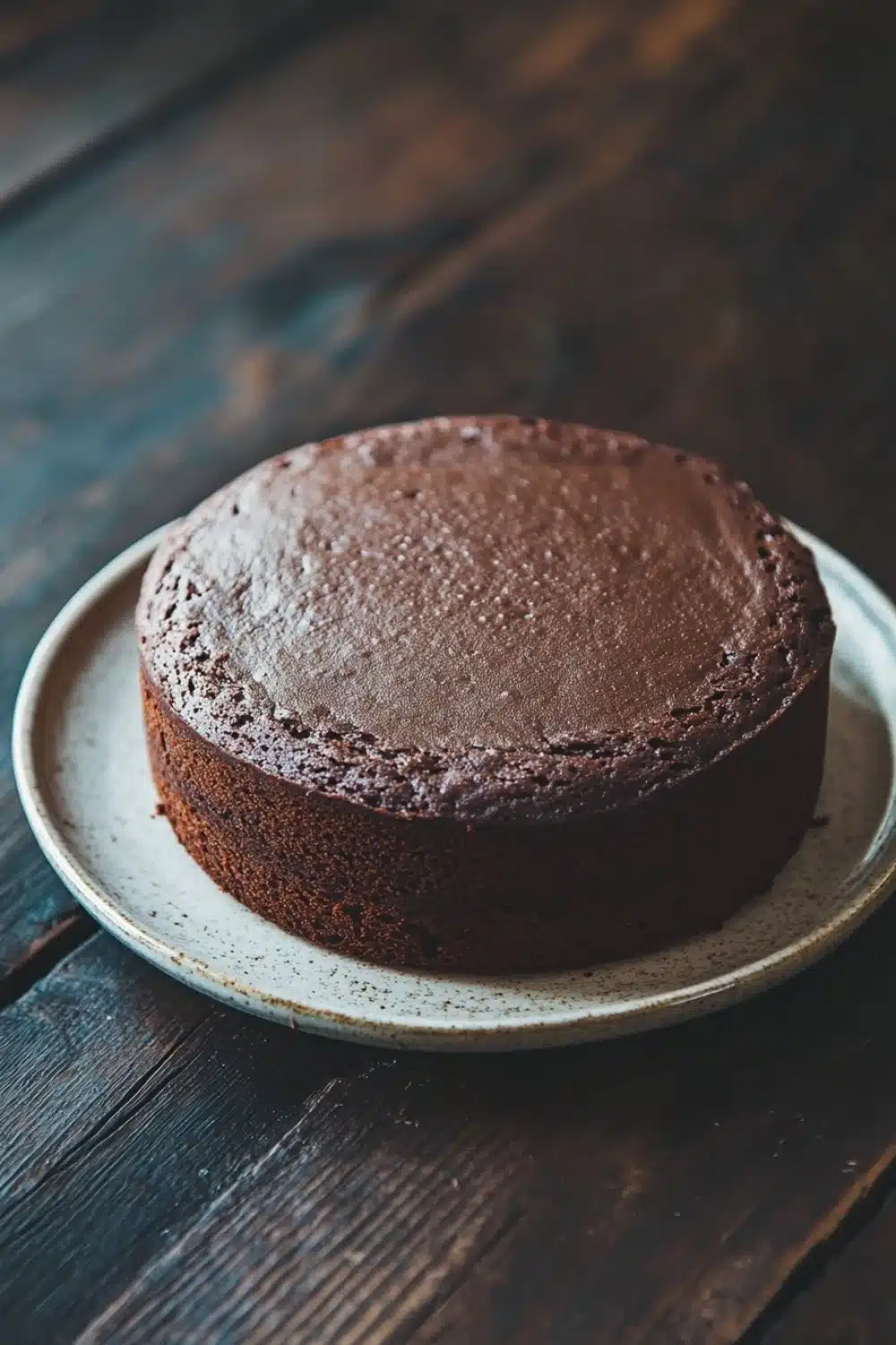 Chocolate cake no icing - the image is a close-up of a round chocolate cake on a white plate. the cake appears to be freshly baked and has a smooth, shiny surface. the plate is placed on a wooden table with a rustic, weathered look. the background is blurred, making the cake the focal point of the image. the focus is on the cake, which is the only object in the frame.