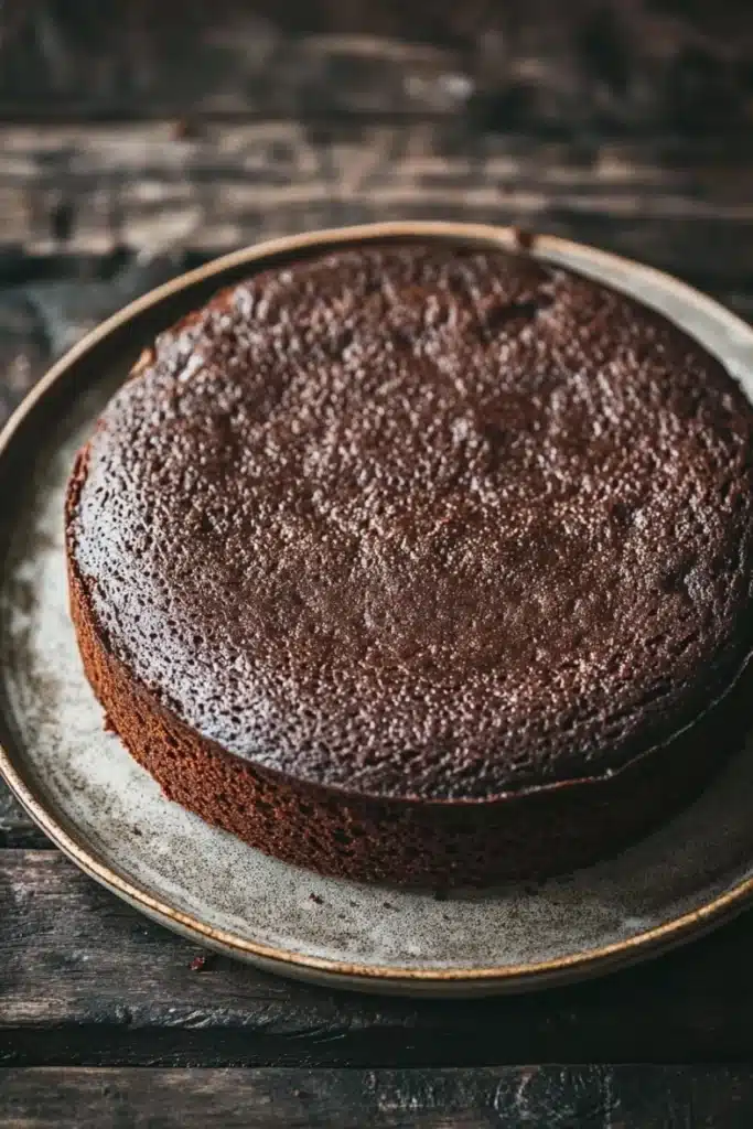 Chocolate cake no icing - the image is a close-up of a round chocolate cake on a white plate. the cake appears to be freshly baked and has a smooth, shiny surface. the plate is placed on a wooden table with a rustic, weathered appearance. the background is blurred, making the cake the focal point of the image. the focus is on the cake, which is the only object in the frame.