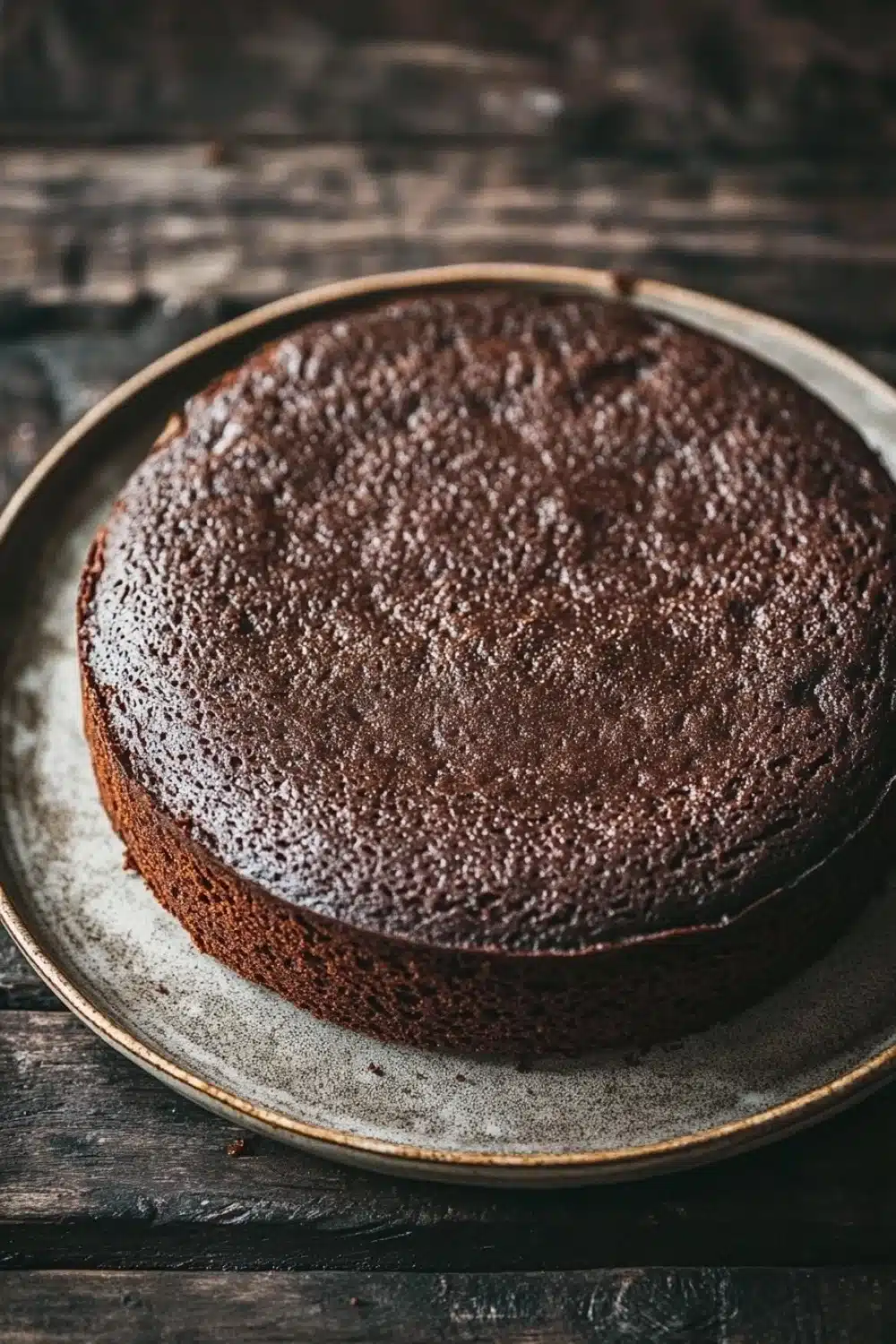 Chocolate cake no icing - the image is a close-up of a round chocolate cake on a white plate. the cake appears to be freshly baked and has a smooth, shiny surface. the plate is placed on a wooden table with a rustic, weathered appearance. the background is blurred, making the cake the focal point of the image. the focus is on the cake, which is the only object in the frame.