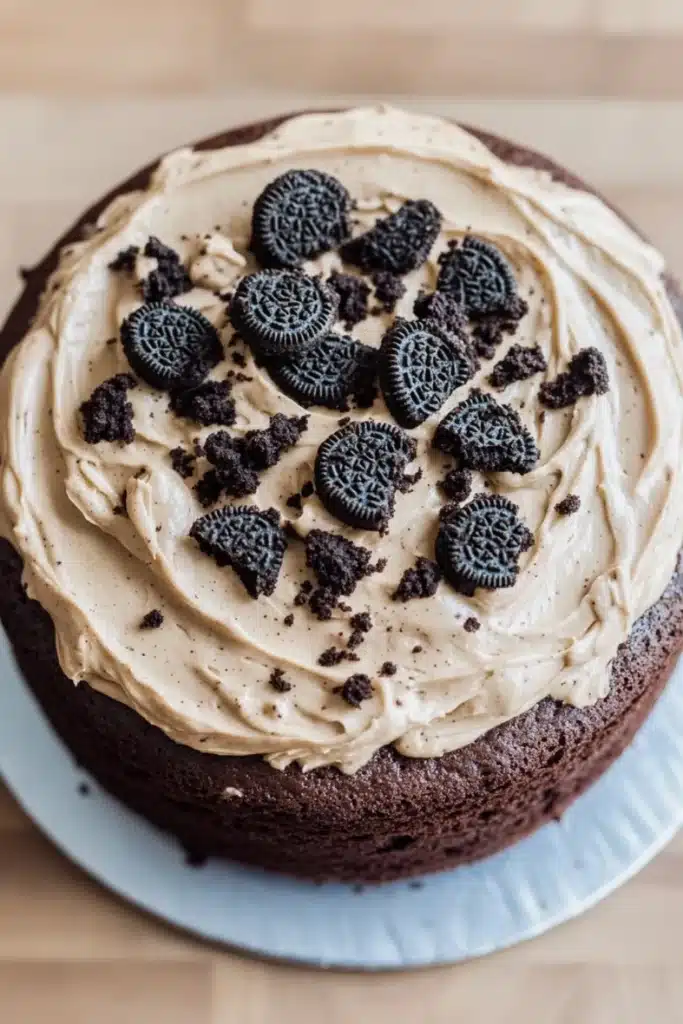 Chocolate cake oreo frosting - the image is of a round chocolate cake on a blue cake stand. the cake is covered in a light brown frosting with a swirl pattern on top. on top of the frosting, there are several oreo cookies arranged in a circular pattern. the cookies are dark brown in color and appear to be freshly baked. the frosting is spread evenly over the cake, creating a smooth and creamy texture. the background is blurred, but it appears to be a wooden table or countertop.