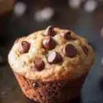 Chocolate chip muffin 4 ingredients - the image shows a close-up of a muffin on a black plate. the muffin appears to be freshly baked and has a golden brown color. it is topped with chocolate chips, which are scattered across the top of the muffin. in the background, there are more muffins of different sizes and shapes, some of which are slightly blurred. the plate is placed on a dark surface, and there are a few more chocolate chips scattered around the plate.