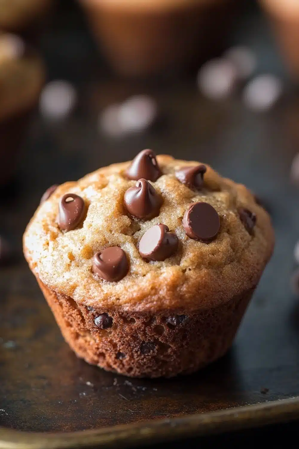 Chocolate chip muffin 4 ingredients - the image shows a close-up of a muffin on a black plate. the muffin appears to be freshly baked and has a golden brown color. it is topped with chocolate chips, which are scattered across the top of the muffin. in the background, there are more muffins of different sizes and shapes, some of which are slightly blurred. the plate is placed on a dark surface, and there are a few more chocolate chips scattered around the plate.
