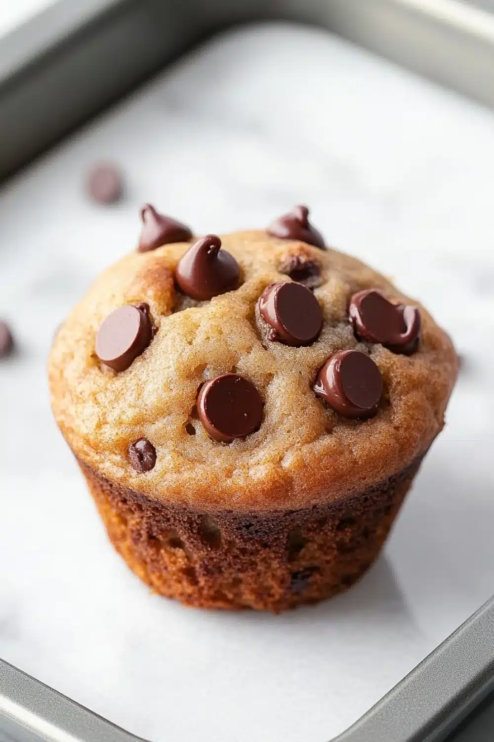 Chocolate chip muffin 4 ingredients - the image shows a freshly baked chocolate chip muffin on a baking tray. the muffin is golden brown in color and has a crumbly texture. it is topped with chocolate chips that are scattered all over the top of the muffin. the tray is lined with parchment paper and there are a few more chocolate chips scattered around the tray.