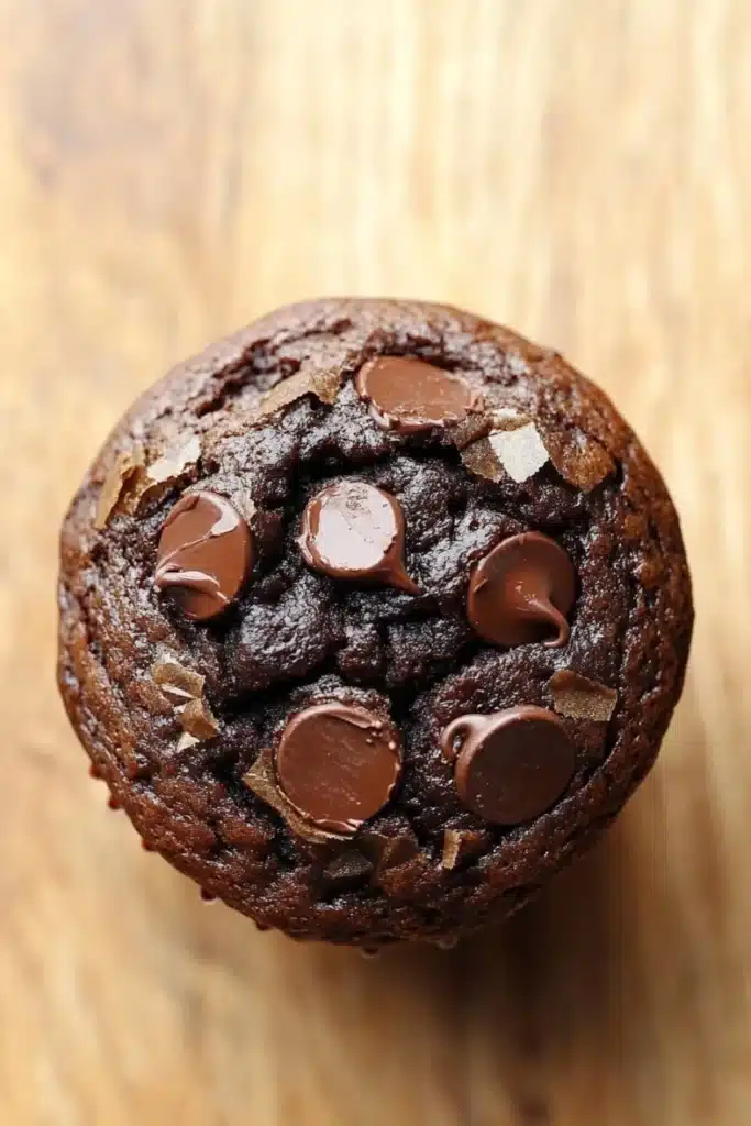 Chocolate muffin cup - the image is a close-up of a round chocolate muffin on a wooden surface. the muffin appears to be freshly baked and has a golden brown color. it is covered in chocolate chips and nuts, giving it a crunchy texture. the chocolate chips are arranged in a circular pattern around the muffin, with some overlapping each other. the background is blurred, making the chocolate chips the focal point of the image.