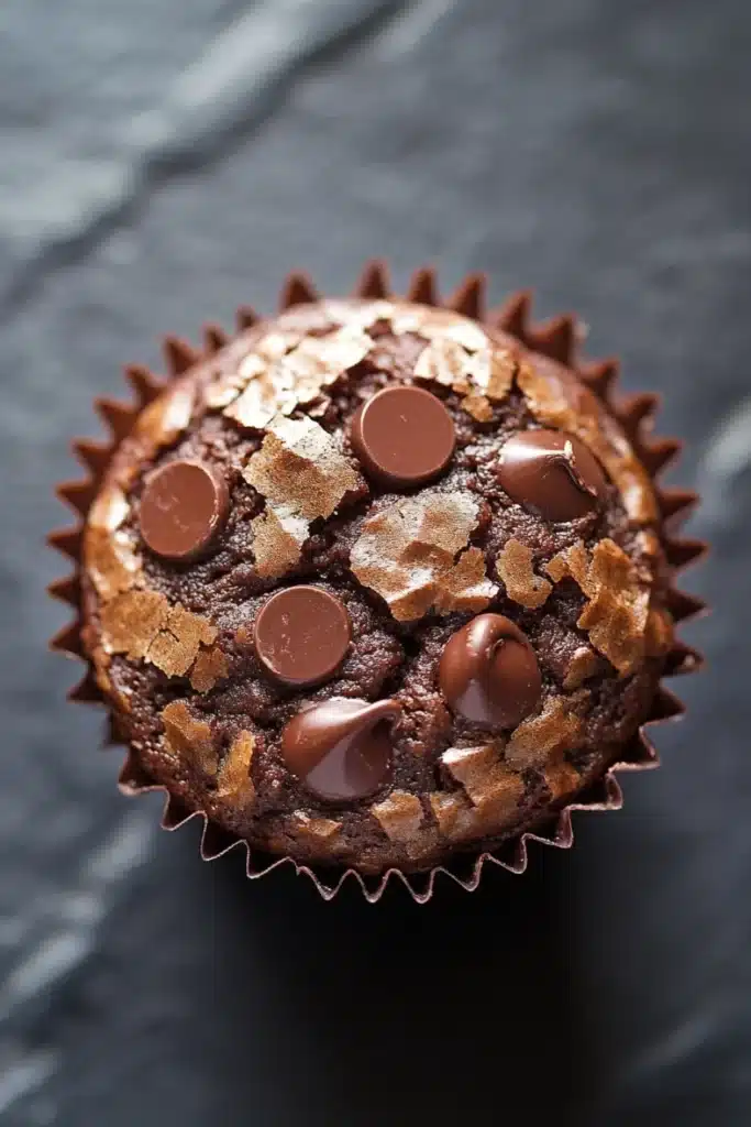 Chocolate muffin cup - the image is a close-up of a chocolate muffin. the muffin is in a paper liner and is placed on a dark grey textured surface. the top of the muffin has a layer of chocolate chips scattered across it, giving it a crunchy texture. there are also several chocolate chips on top, adding a pop of color to the dish. the chocolate chips are arranged in a circular pattern, with some overlapping each other. the overall appearance is decadent and indulgent.