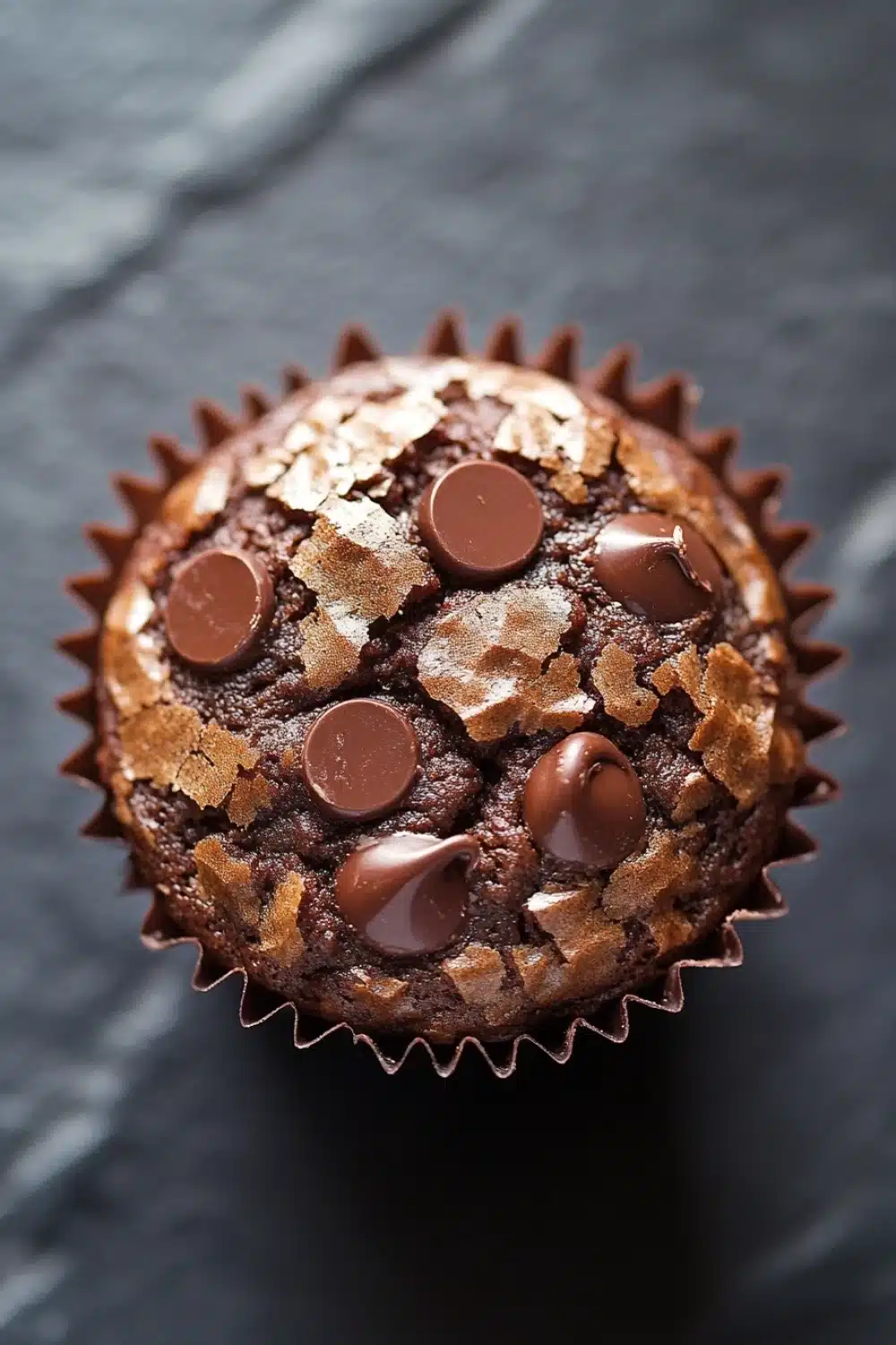 Chocolate muffin cup - the image is a close-up of a chocolate muffin. the muffin is in a paper liner and is placed on a dark grey textured surface. the top of the muffin has a layer of chocolate chips scattered across it, giving it a crunchy texture. there are also several chocolate chips on top, adding a pop of color to the dish. the chocolate chips are arranged in a circular pattern, with some overlapping each other. the overall appearance is decadent and indulgent.