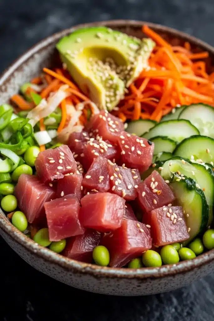 Classic tuna poke bowl - the image is a close-up of a bowl of asian-style salad. the bowl is made of ceramic and has a dark brown color. the salad is made up of various ingredients such as sliced cucumbers, sliced carrots, sliced avocado, sliced green onions, and edamame. there are also sesame seeds sprinkled on top. the ingredients are arranged in a colorful and appetizing manner. the background is dark, making the colors of the ingredients stand out.