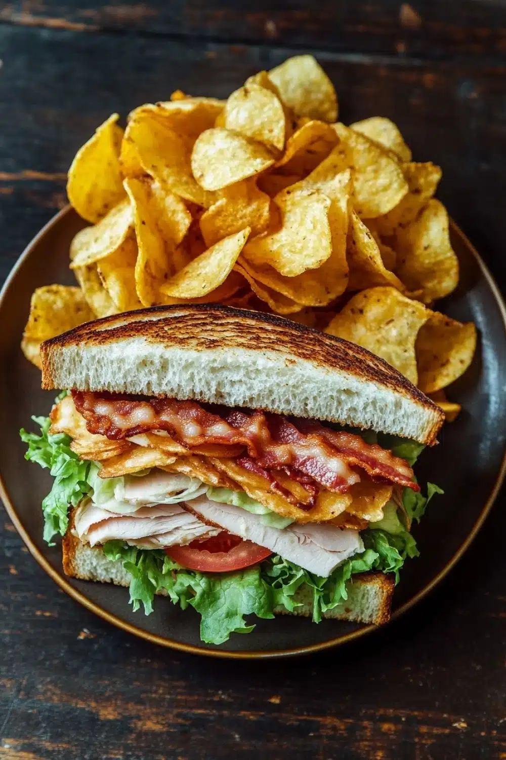 Club sandwich with chips - the image shows a sandwich on a black plate with a pile of potato chips on the side. the sandwich is made with two slices of toasted bread, filled with lettuce, tomato, and bacon. the bacon is crispy and golden brown, and the lettuce is a vibrant green. the plate is sitting on a wooden table with a rustic background.